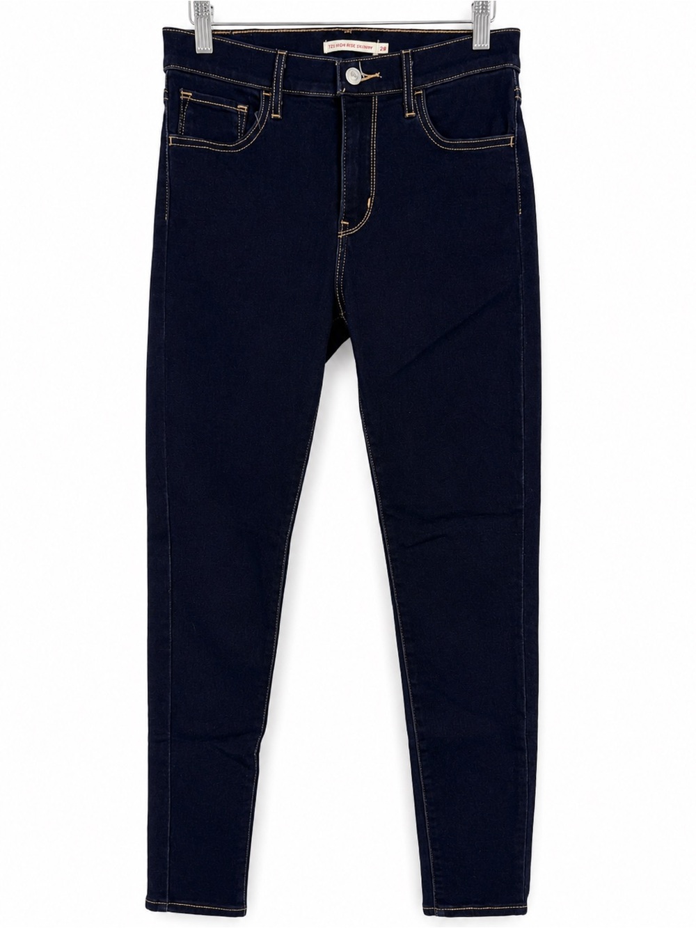 Levi's dark navy jeans with yellow contrast stitching